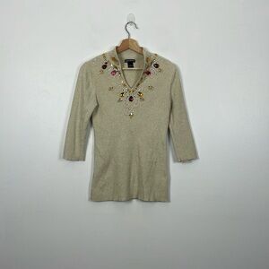 Lauren Michelle Womens L Sweater 3/4 Sleeve Pullover V Neck Embellished Knit Top